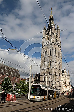 De Lijn Tram at Het Belfort van Ghent, Belgium Editorial Stock Photo